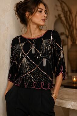Vintage Argenti Silk Beaded Top S Black Pink Sequin Bow Hong Kong Cocktail Party